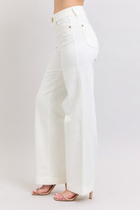 HIGH WAIST DOUBLE BUTTON WAISTBAND TROUSER WHITE WIDE LEG COIN POCKET EMBROIDERY DETAIL JUDY BLUE DENIM