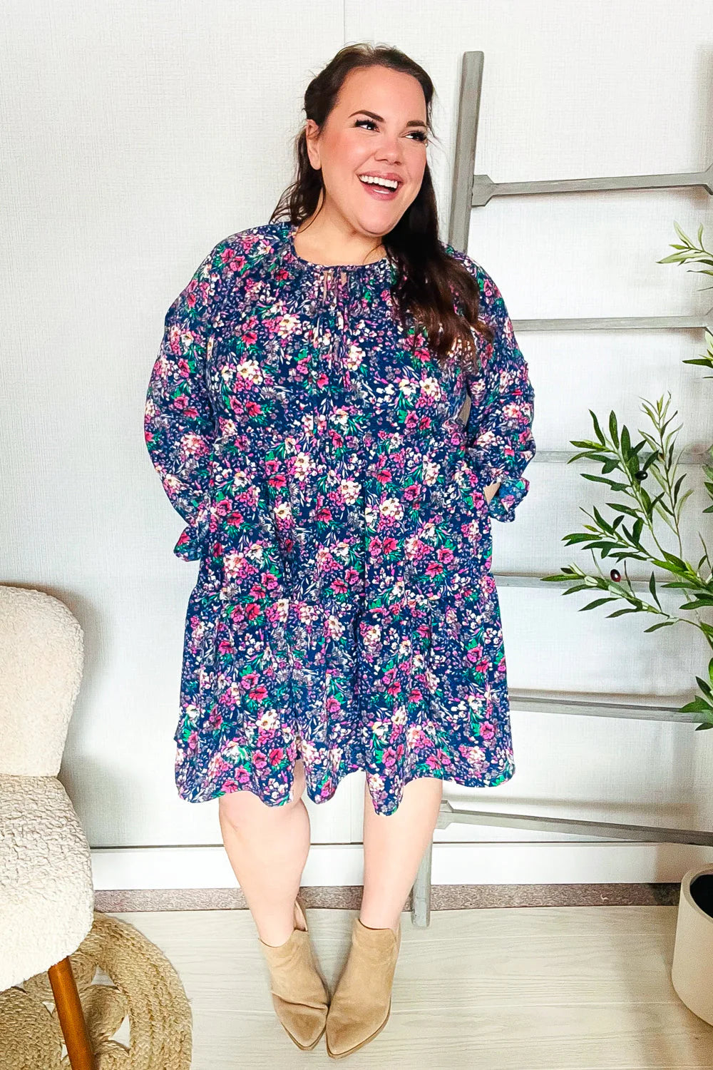 NAVY FLORAL BOW TIE BABYDOLL LONG SLEEVE RUFFLE DRESS- PLUS- 1X