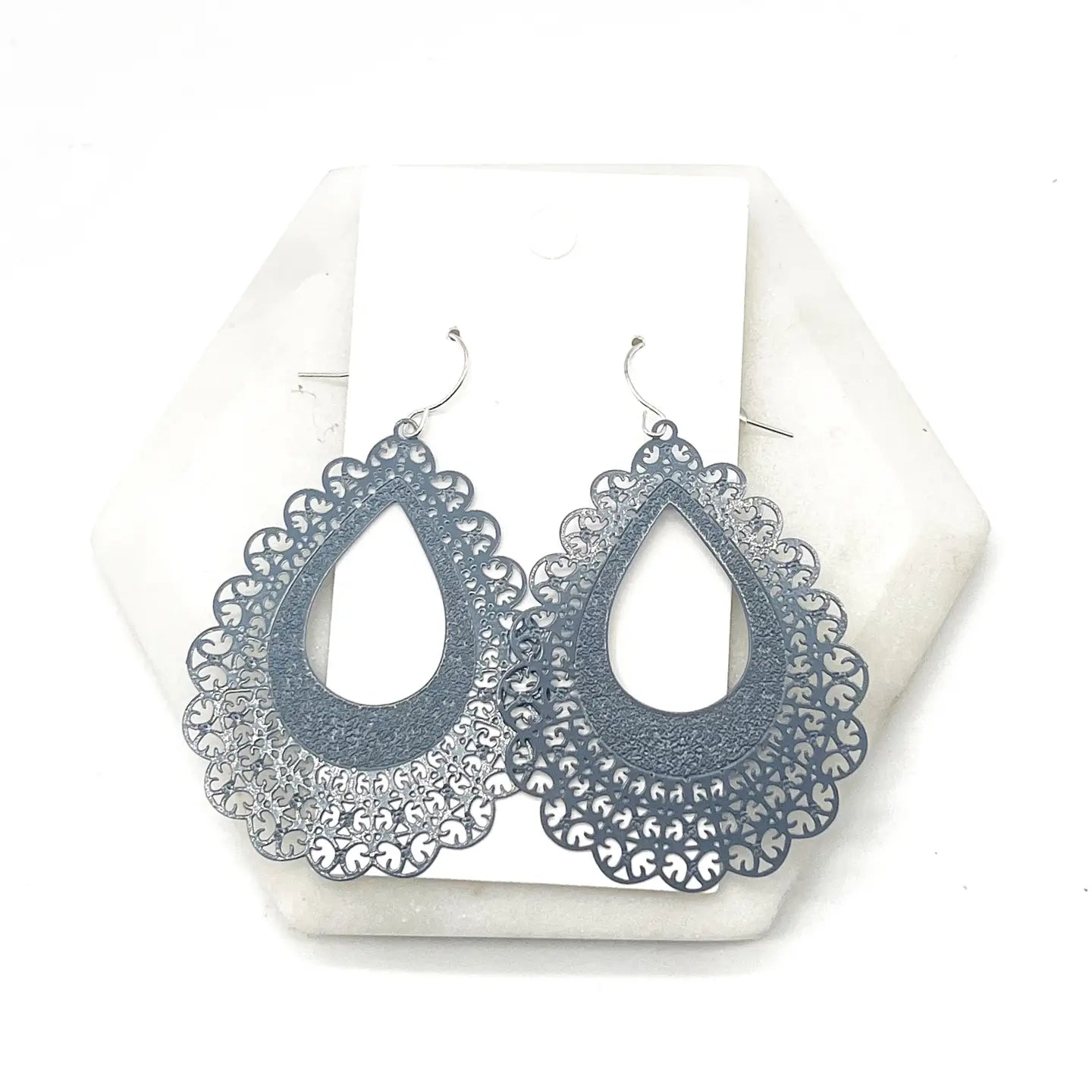 GREY FLOURISH TEARDROP METAL STATEMENT HANDMADE BBB EARRINGS