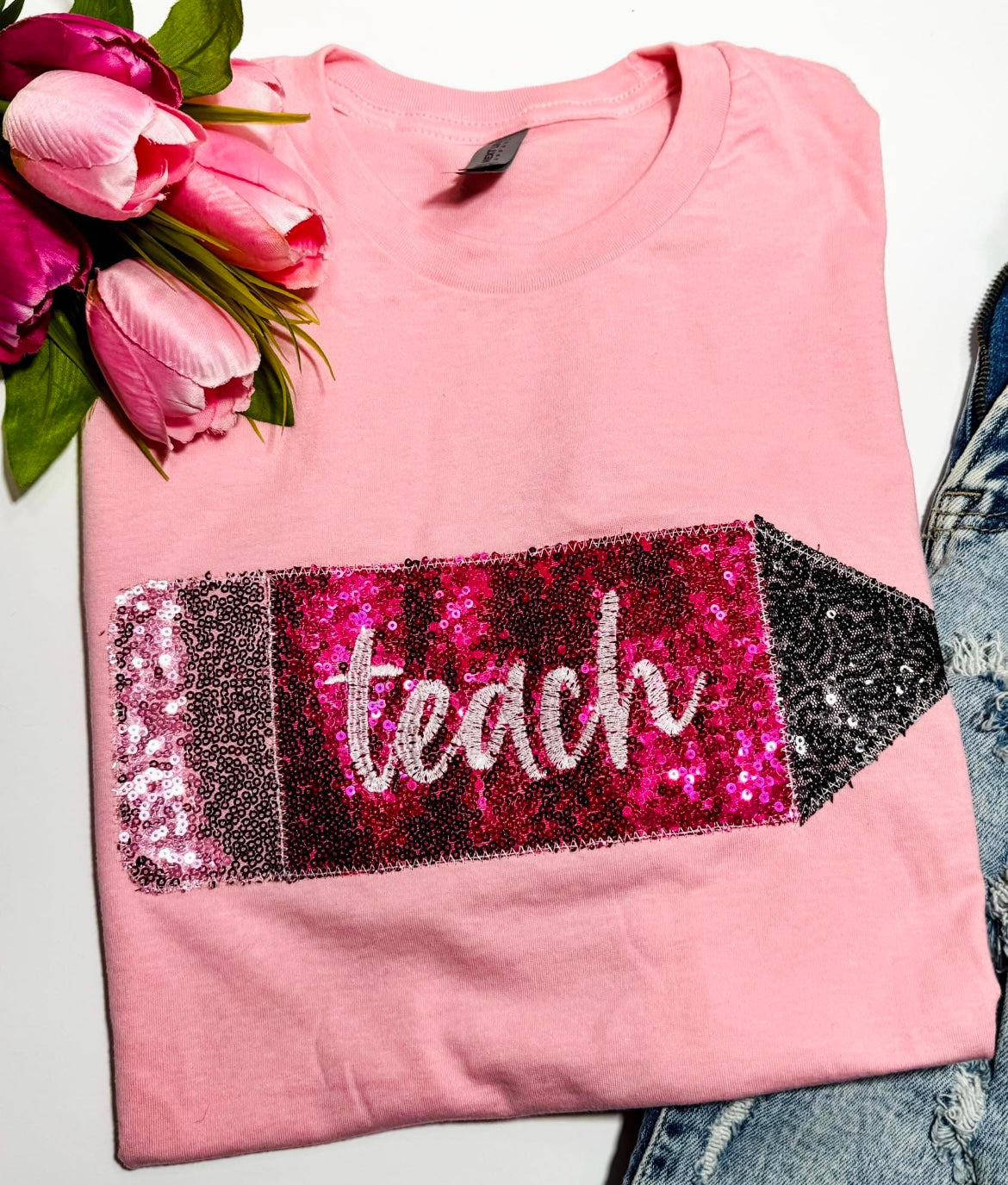 TEACH PENCIL SEQUINS LIGHT PINK & FUCHSIA APPLIQUE HANDMADE TEE