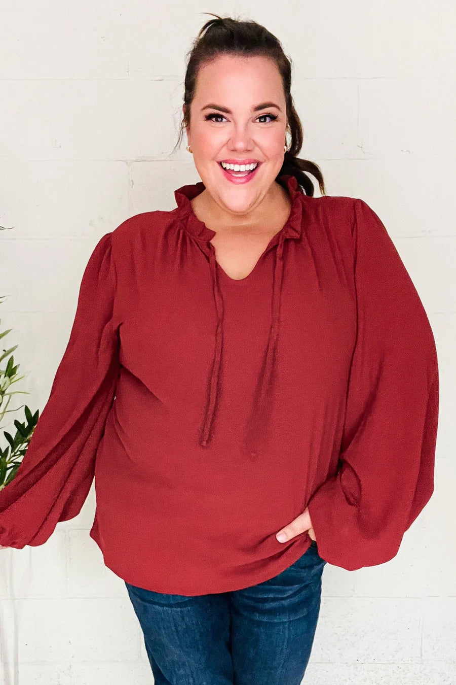 BURGUNDY FRILLED EDGED VNECK TIE LONG SLEEVE TOP-PLUS