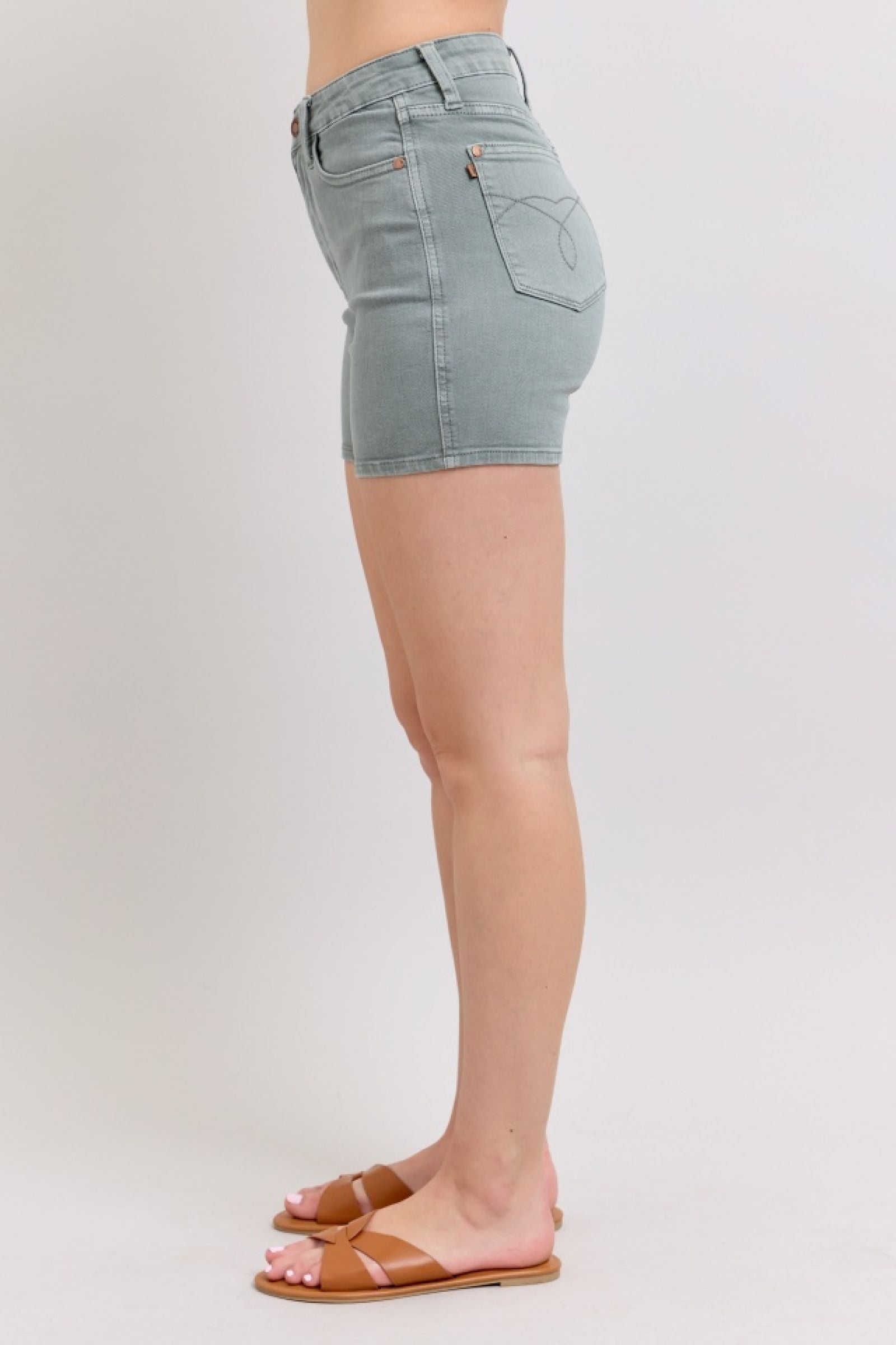 HIGH WAIST STONE BLUE GARMENT DYED BACK POCKET EMBROIDERY DENIM SHORTS JUDY BLUE