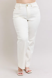 HIGH WAIST DOUBLE BUTTON WAISTBAND TROUSER WHITE WIDE LEG COIN POCKET EMBROIDERY DETAIL JUDY BLUE DENIM-PLUS
