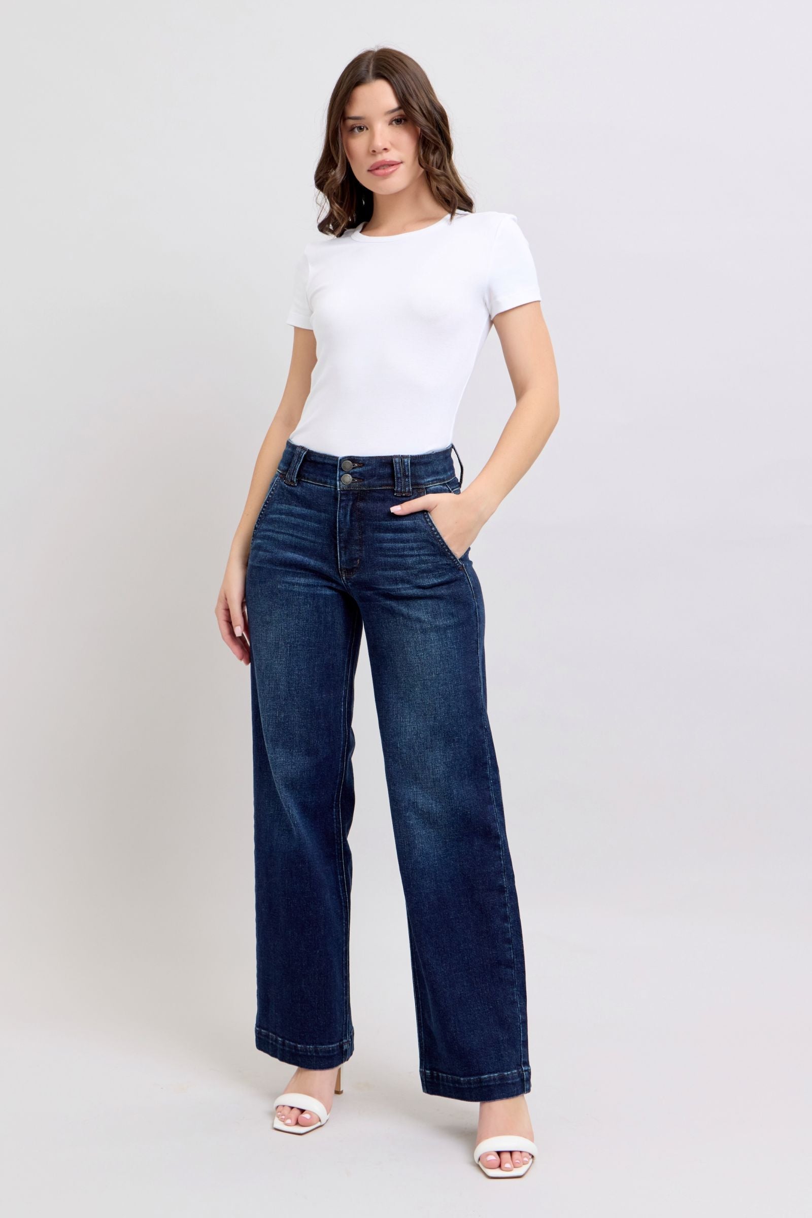 DARKWASH HIGH WAIST WIDE LEG "TROUSER LOOKING JEANS" JUDY BLUE DENIM