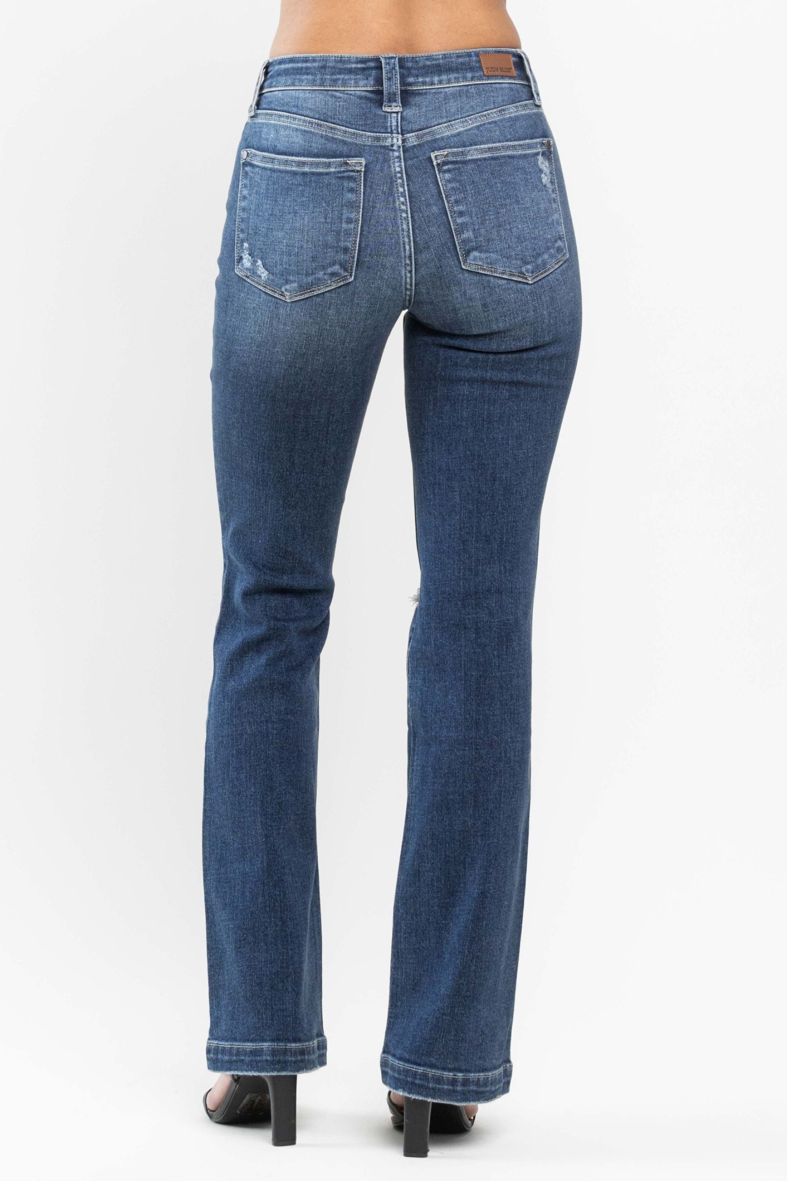 DARKWASH MID RISE HAND SAND DESTROYED BOOTCUT JUDY BLUE DENIM-PLUS