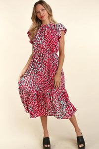 FUCHSIA TEAL MOCK NECK BACK BUTTON SIDE POCKETED MIDI DRESS