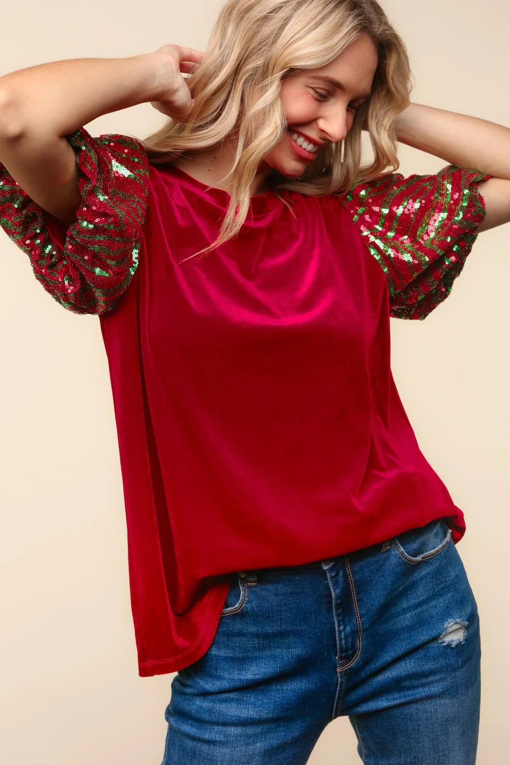 RED VELVET SEQUINS BUBBLE SLEEVE BLOUSE