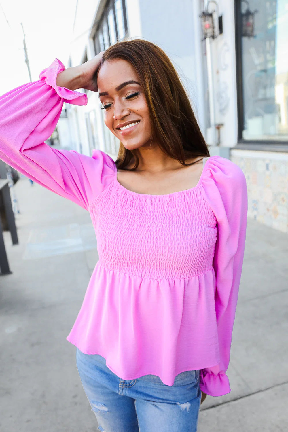 BUBBLEGUM PINK SMOCKED FIT & FLARE BLOUSE