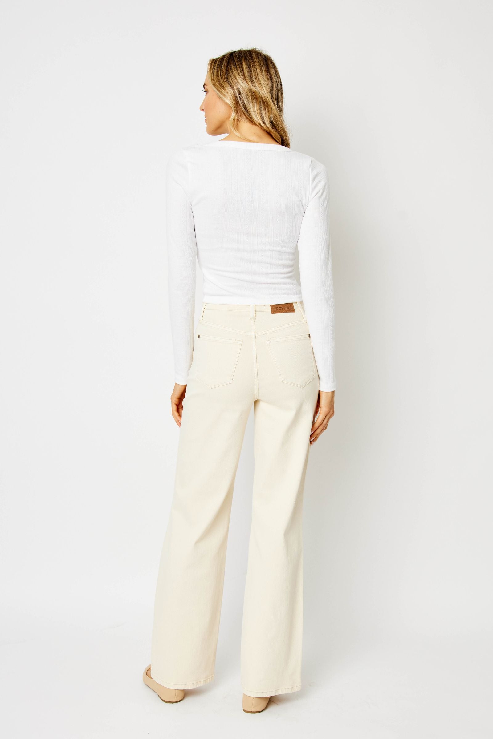 ECRU/OFF-WHITE HIGH WAIST GARMENT DYED CROCHET PATCHES WIDE LEG JUDY BLUE DENIM