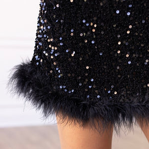 BLACK FEATHERED OPULENCE SEQUIN ONE SHOULDER DRESS