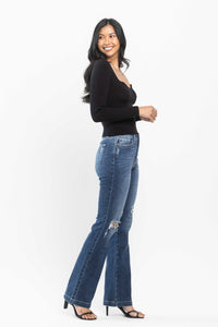 DARKWASH MID RISE HAND SAND DESTROYED BOOTCUT JUDY BLUE DENIM-PLUS