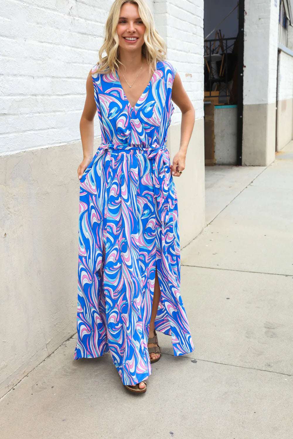 FLOWY PERIWINKLE BLUE MULTI ABSTRACT SIDE-SLIT MAXI DRESS-PLUS