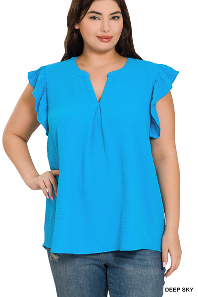 DEEP SKY WOVEN AIRFLOW RUFFLED SLEEVE HIGH-LOW TOP -PLUS