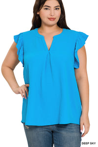 DEEP SKY WOVEN AIRFLOW RUFFLED SLEEVE HIGH-LOW TOP -PLUS