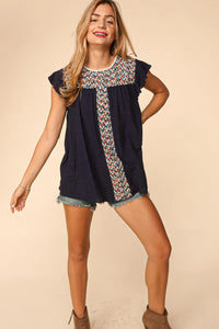 NAVY FLORAL EMBROIDERED YOKE WOVEN TOP-PLUS