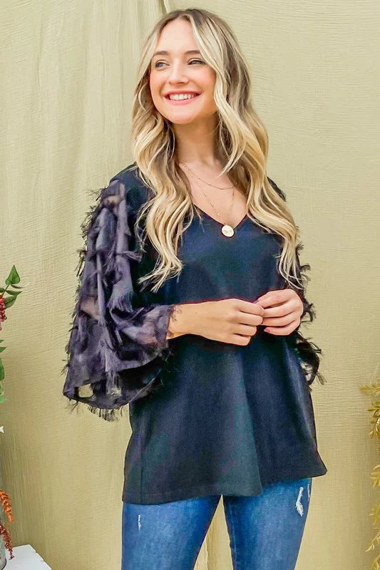 BLACK WOVEN EMBELLISHED FLUFFY SLEEVE WITH RUFFLES BLOUSE-PLUS