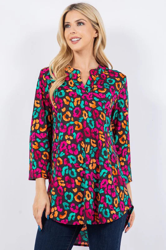 BLACK & NEON MULTI PRINT ANIMAL 3/4 SLEEVE TOP-PLUS