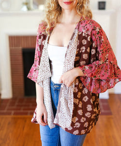 PINK BROWN FLORAL ANIMAL KIMONO-PLUS