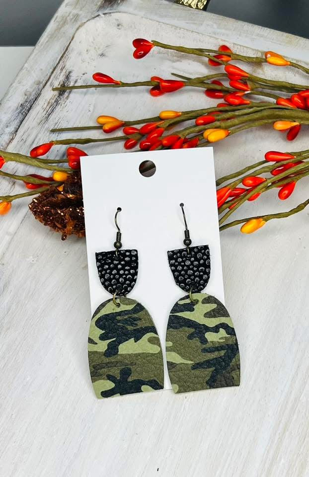 GREEN CAMO WITH BLACK HALF OVAL ARCHED LEATHER HANDMADE EARRINGS BY B.O.D