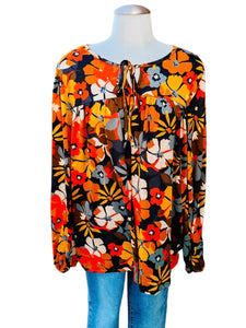 Butterscotch Black Rust Red Floral Longsleeve Tie String Front Top