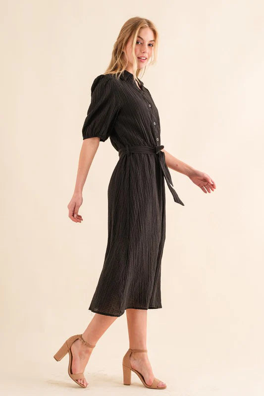 BLACK TEXTURED LINED MIDI WAIST TIE DRESS