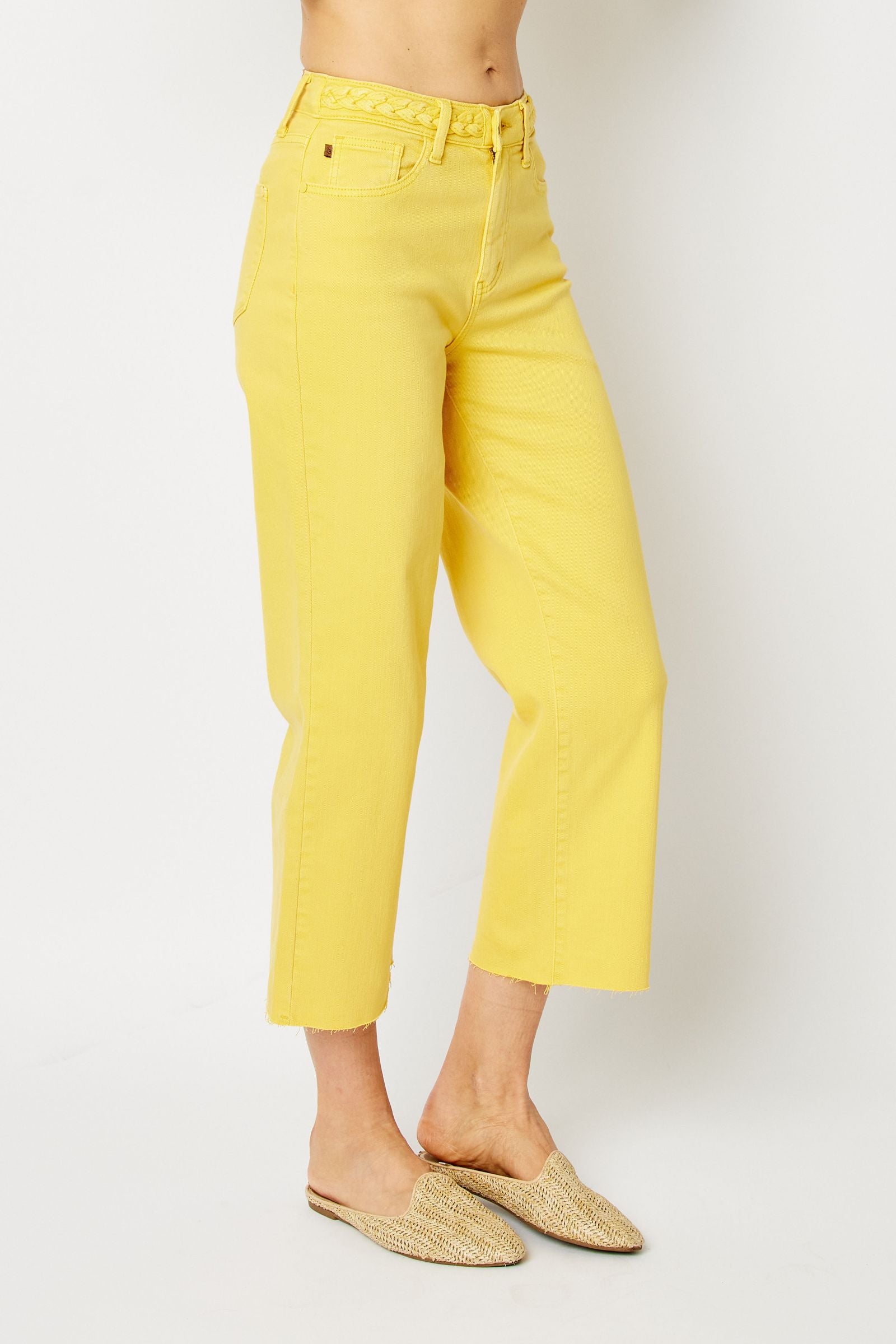 YELLOW HIGH WAIST GARMENT DYED BRAIDED WAISTBAND CROP WIDE LEG DENIM JUDY BLUE