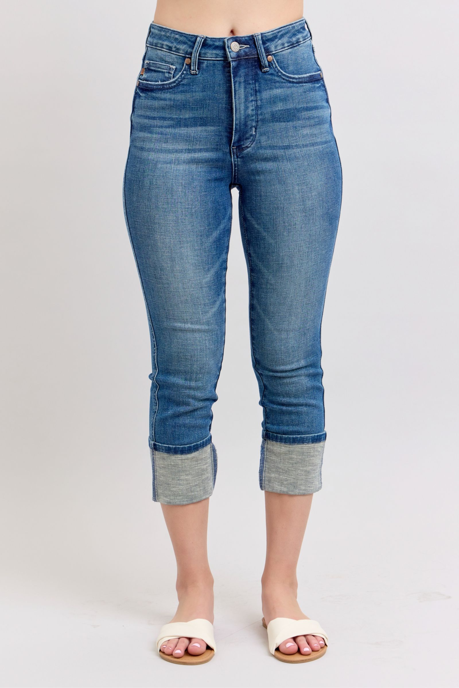 HIGH WAIST TUMMY CONTROL MEDIUM WASH BACK SHIELD POCKETS & CUFFED CAPRIS JUDY BLUE DENIM