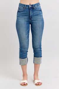 HIGH WAIST TUMMY CONTROL MEDIUM WASH BACK SHIELD POCKETS & CUFFED CAPRIS JUDY BLUE DENIM