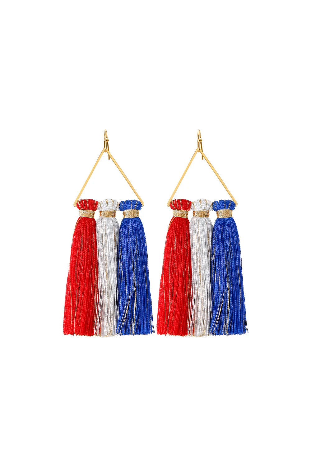 AMERICAN RED WHITE BLUE GOLD TRIANGLE TASSEL DANGLE EARRINGS