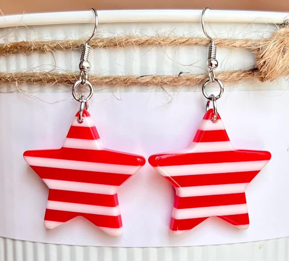 RED WHITE STRIPED STAR EARRINGS- SALE- 1 LEFT