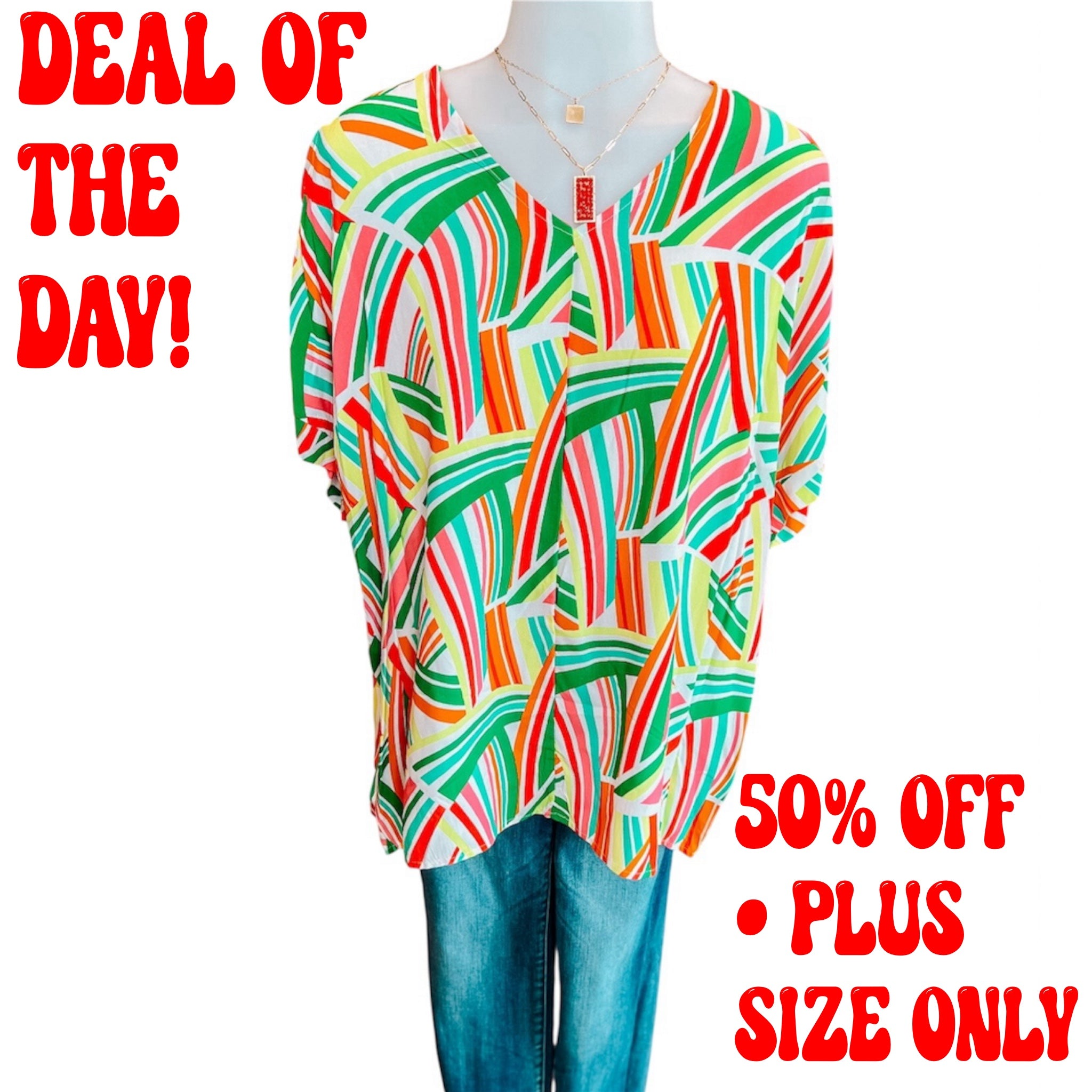 Bright Green Red Geometric Top-PLUS- SALE- 2X AVAILABLE
