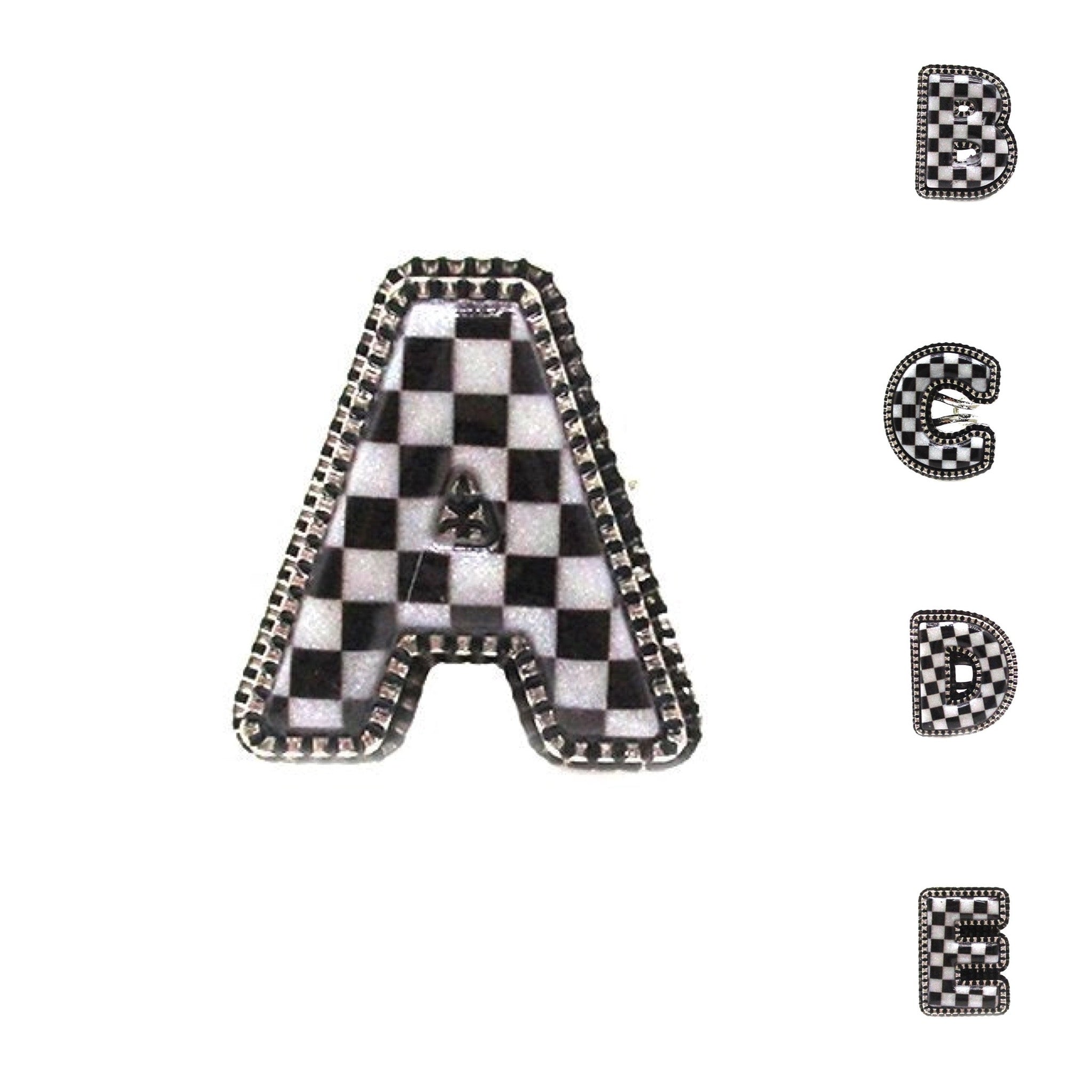 CHECKERED BUBBLE INITIAL BLACK & WHITE ON SILVER ADJUSTABLE CUFF RING