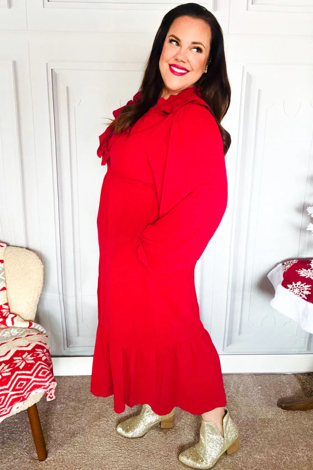 RED BEAUTIFUL YOU HOLIDAY RUFFLE SURPLICE VNECK MAXI DRESS-PLUS