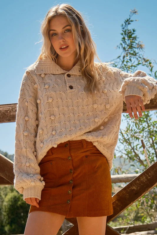 TAUPE KNIT BUTTON SWEATER-PLUS