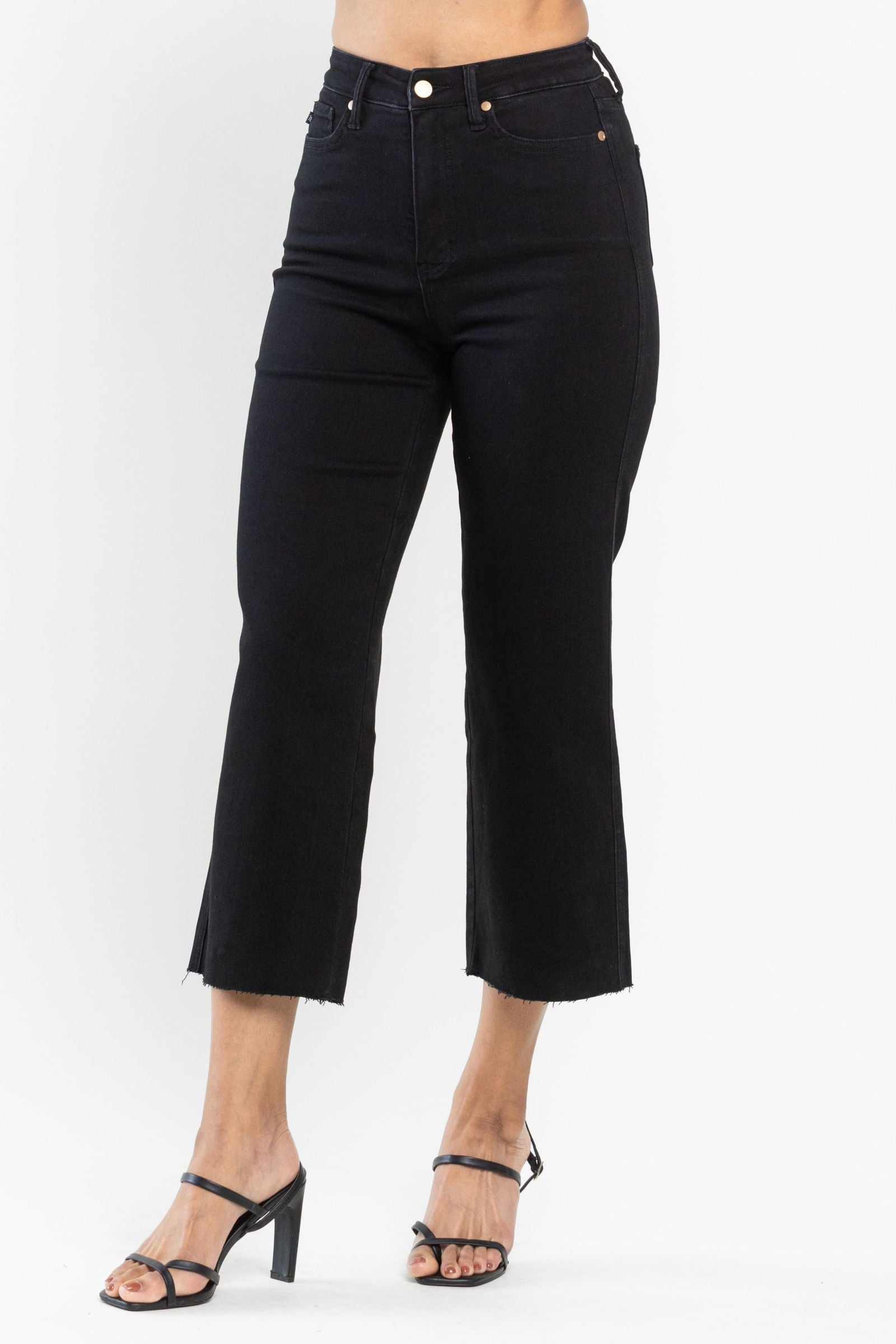 JUDY BLUE HIGH WAIST TUMMY CONTROL BLACK WIDE CROP LEG DENIM-PLUS