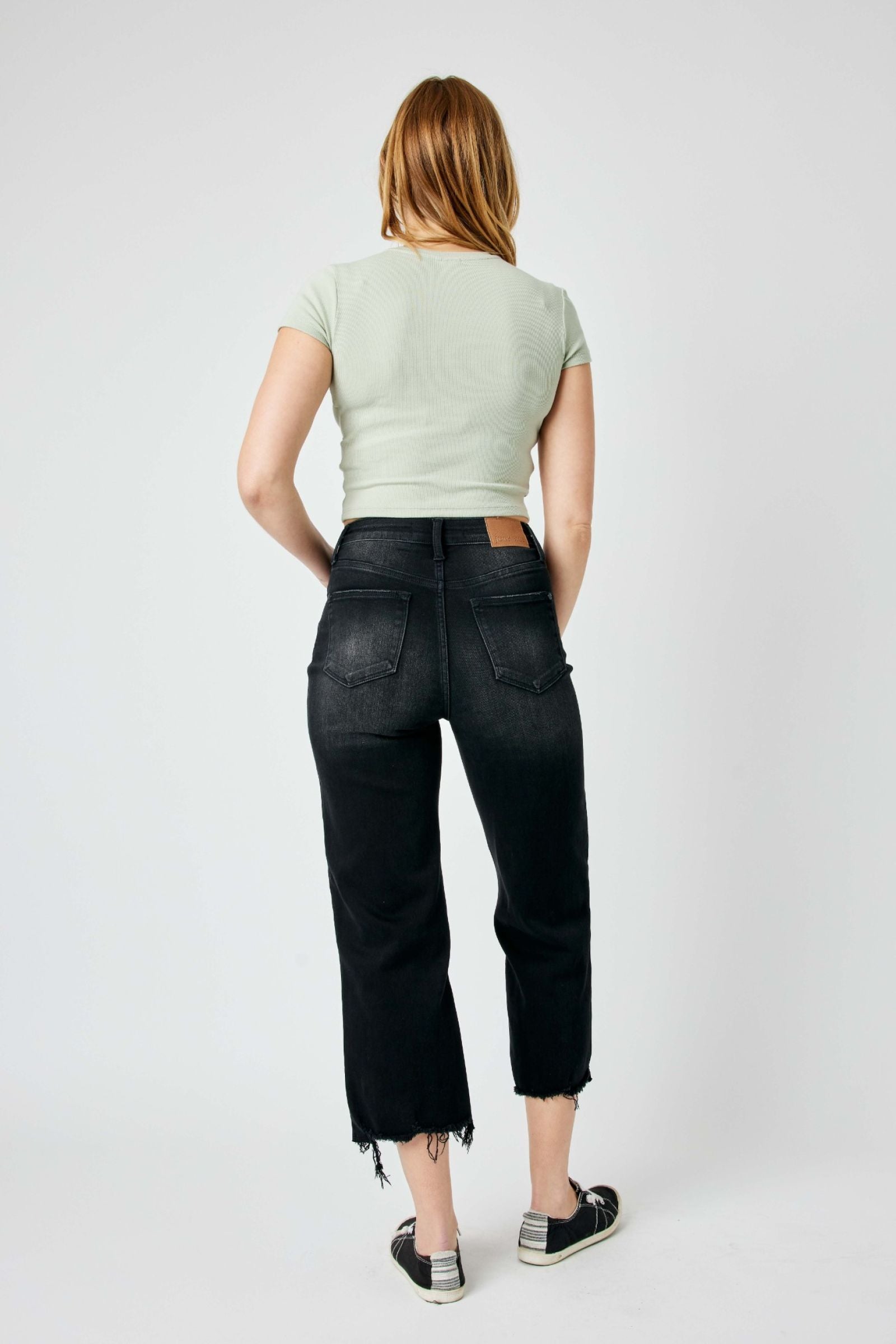 BLACK HIGH WAIST DESTROYED RAW HEM CROP WIDE LEG JUDY BLUE DENIM