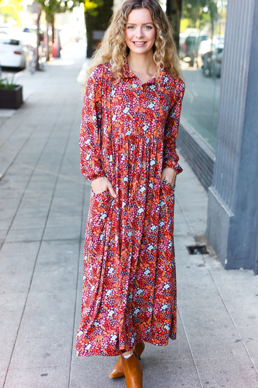 FLORAL COLLARED BABYDOLL SIDE POCKET RUST MULTI MAXI DRESS-PLUS