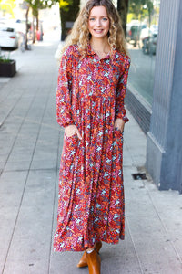 FLORAL COLLARED BABYDOLL SIDE POCKET RUST MULTI MAXI DRESS-PLUS