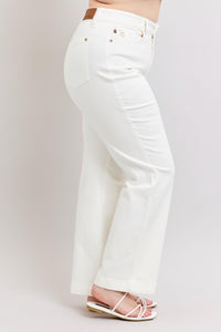 HIGH WAIST DOUBLE BUTTON WAISTBAND TROUSER WHITE WIDE LEG COIN POCKET EMBROIDERY DETAIL JUDY BLUE DENIM-PLUS
