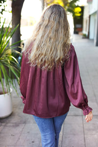 WINE MARSALA BE YOUR BEST SATIN SHIRRED YOKE FRILLY MOCK NECK BLOUSE