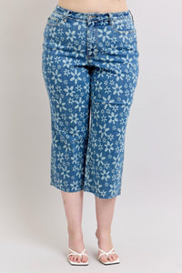 HIGH WAIST FLOWER PRINT CROPPED WIDE LEG JUDY BLUE DENIM MEDIUM WASH-PLUS
