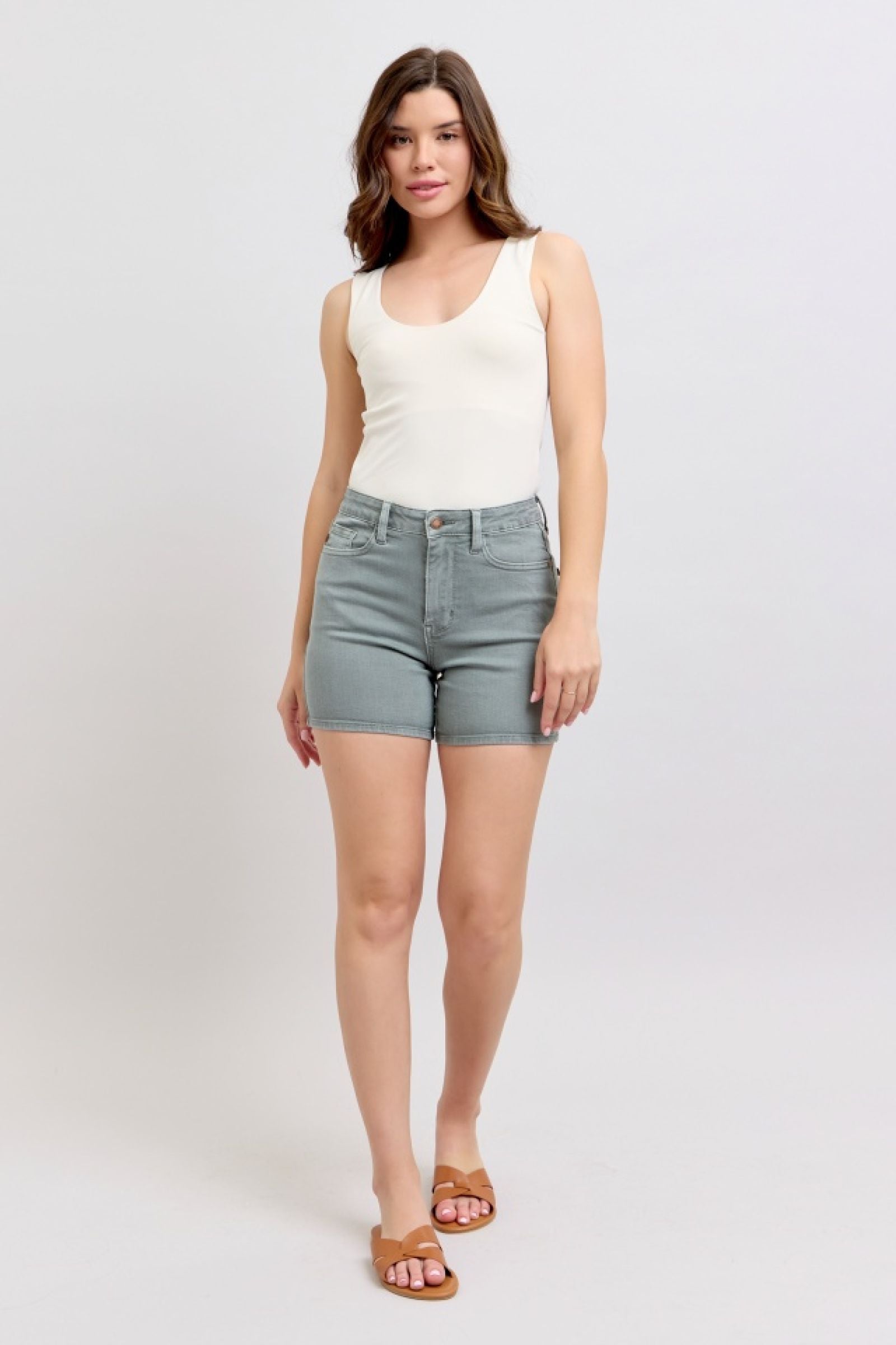 HIGH WAIST STONE BLUE GARMENT DYED BACK POCKET EMBROIDERY DENIM SHORTS JUDY BLUE