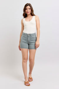 HIGH WAIST STONE BLUE GARMENT DYED BACK POCKET EMBROIDERY DENIM SHORTS JUDY BLUE