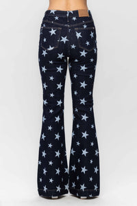 DARKWASH HIGH WAIST ALL OVER STAR PRINT RINSE WASH FLARE JUDY BLUE DENIM