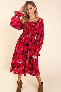 RED BLACK SMOCKED FIT & FLARE POCKETED FLOWY CHIFFON MIDI/MAXI DRESS-PLUS