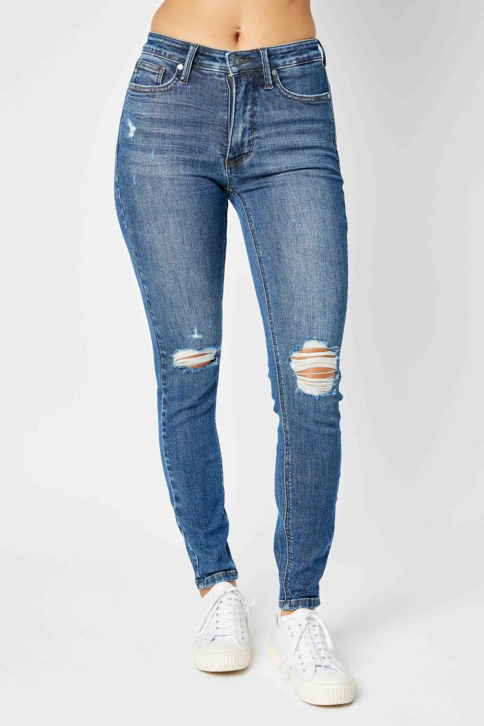 DARKWASH MID RISE TUMMY CONTROL DESTROYED SKINNY DENIM JUDY BLUE-PLUS