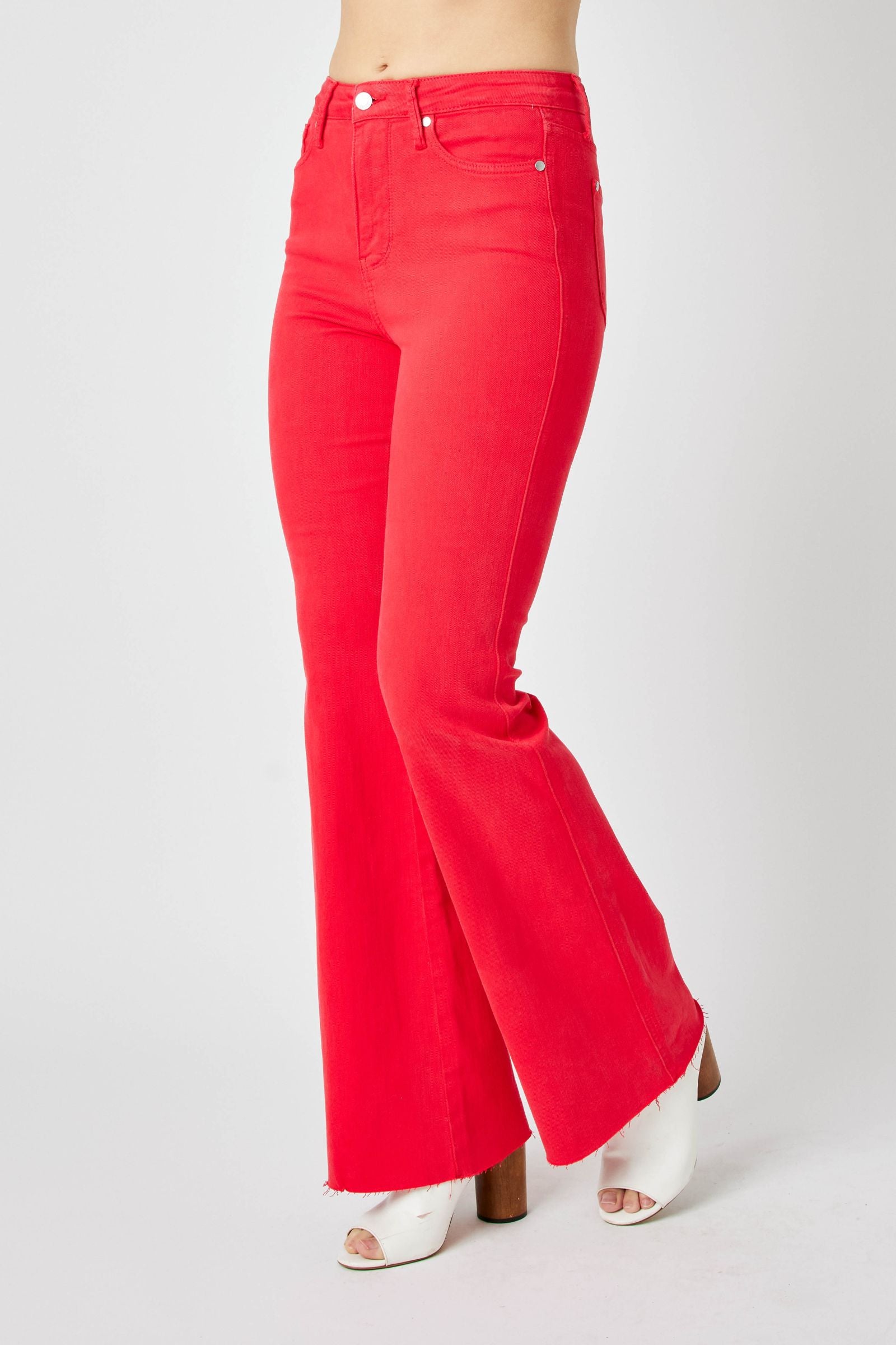 RED HIGH WAIST TUMMY CONTROL GARMENT DYED FLARE JUDY BLUE DENIM