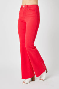 RED HIGH WAIST TUMMY CONTROL GARMENT DYED FLARE JUDY BLUE DENIM