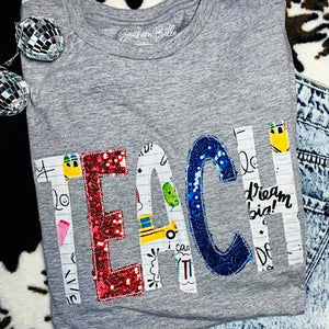 GREY "TEACH" APPLIQUED SEQUIN CREW NECK TEE