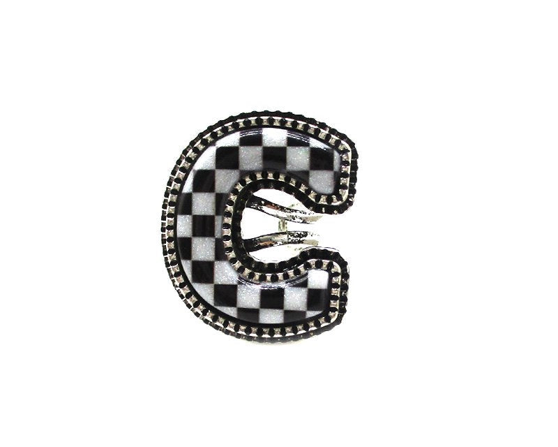 CHECKERED BUBBLE INITIAL BLACK & WHITE ON SILVER ADJUSTABLE CUFF RING